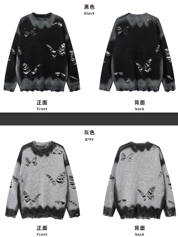 Y2K Black/Grey Butterfly Shaped Distressed Holes Round Neck Sweater