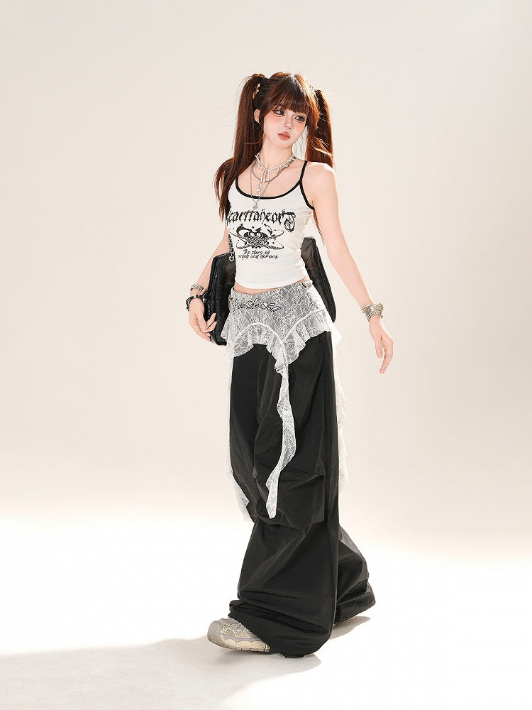 Gray/Black Low Light Rise Wide-Leg Pants with Waist Lace Accessory