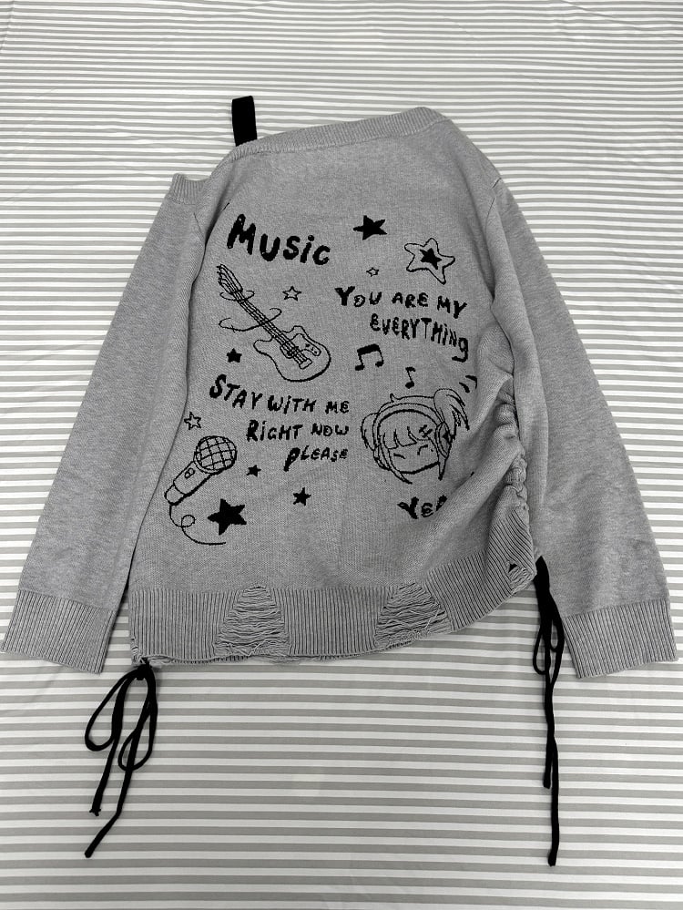 Grauer, lockerer Pullover mit asymmetrischem Ausschnitt und Kordelzugdetail „Gitarrenmädchen“
