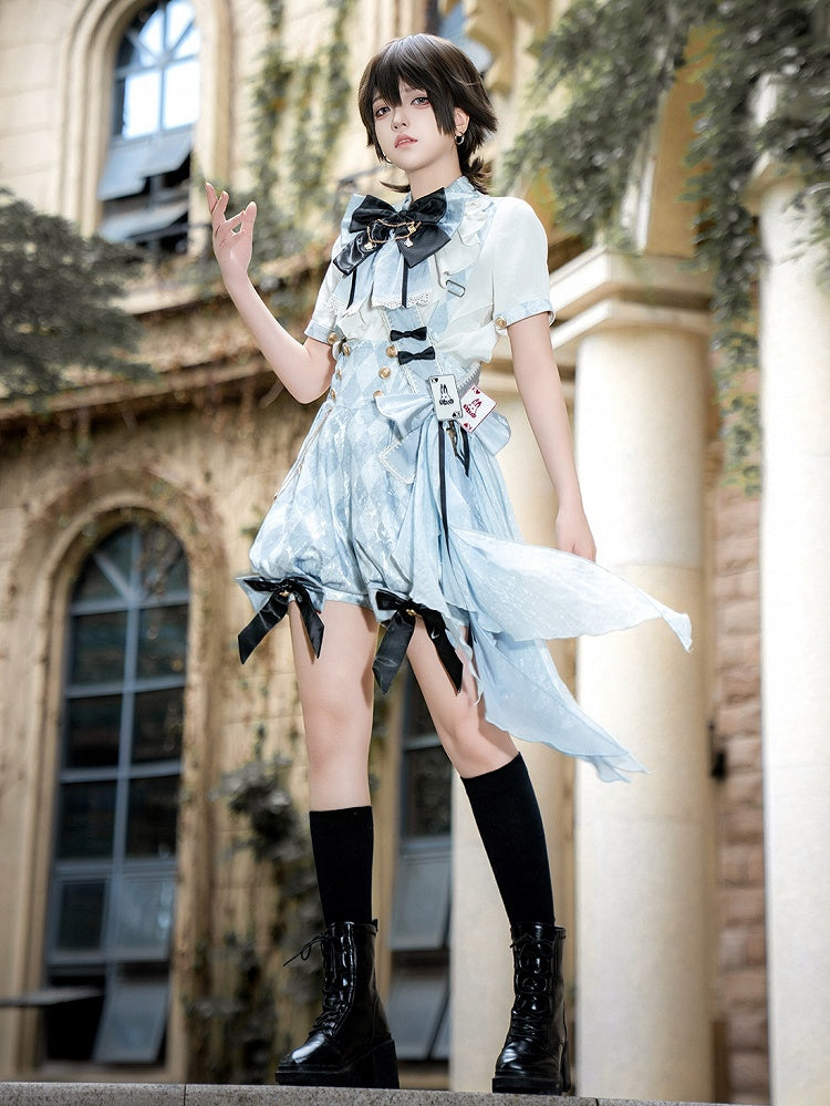 + Ouji Lolita Vibes Blue Alice in Shirt Outfit - White Wonderland