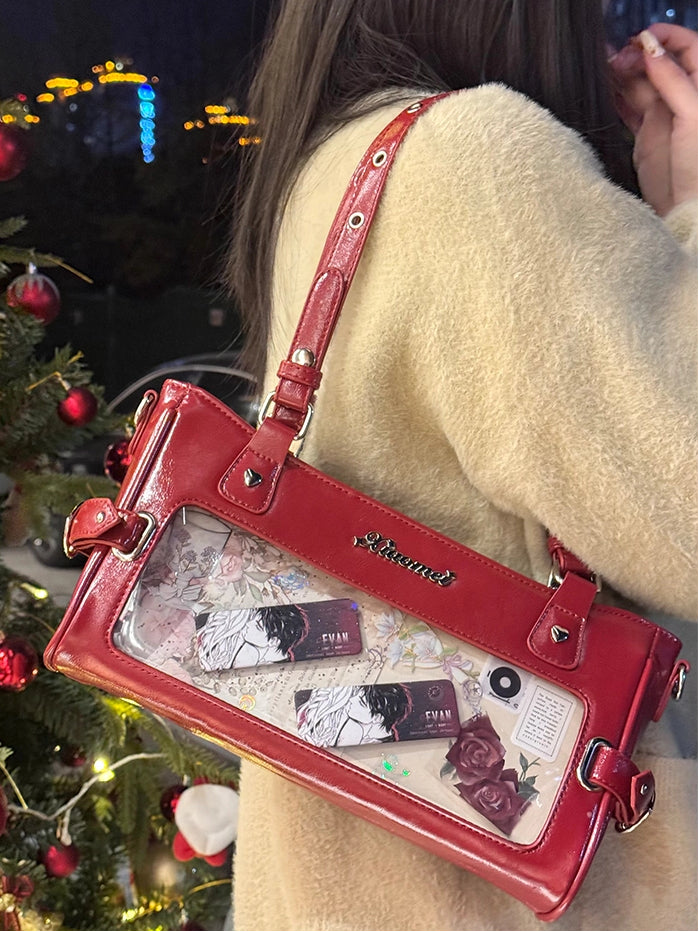 Leather Transparent-Window Bag Versatile Red Ita PU