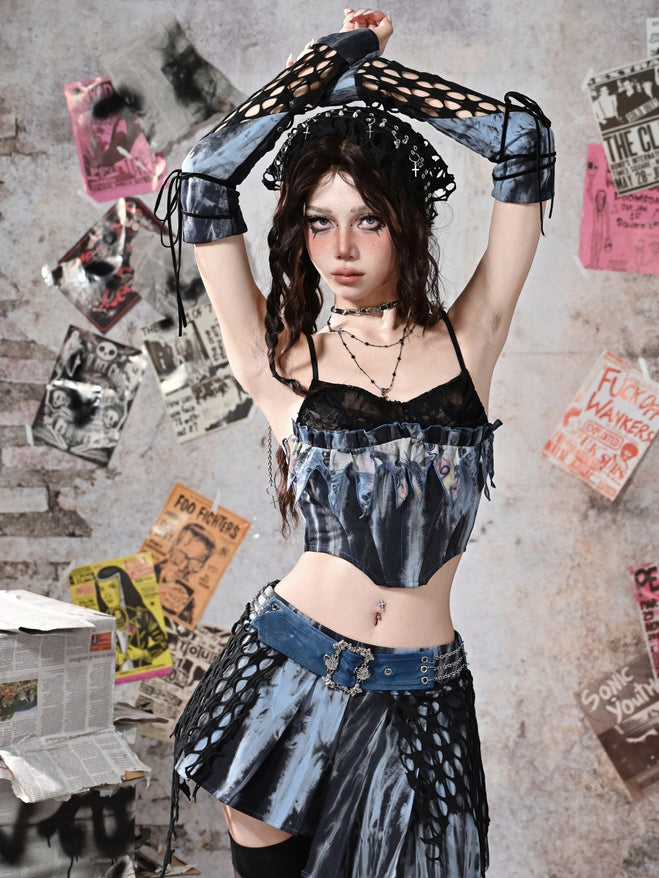Rock Grunge Lace Boned Neckline Blue Punk Corset Cowl Fairy Style