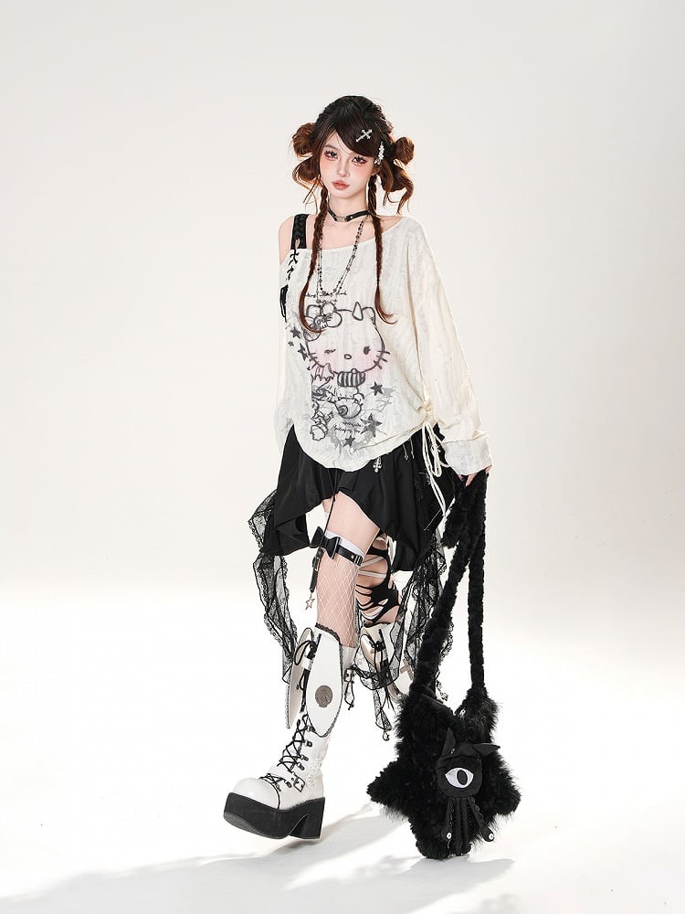 Detail Cascading Lace Ruffles Skirt Black Lace-up