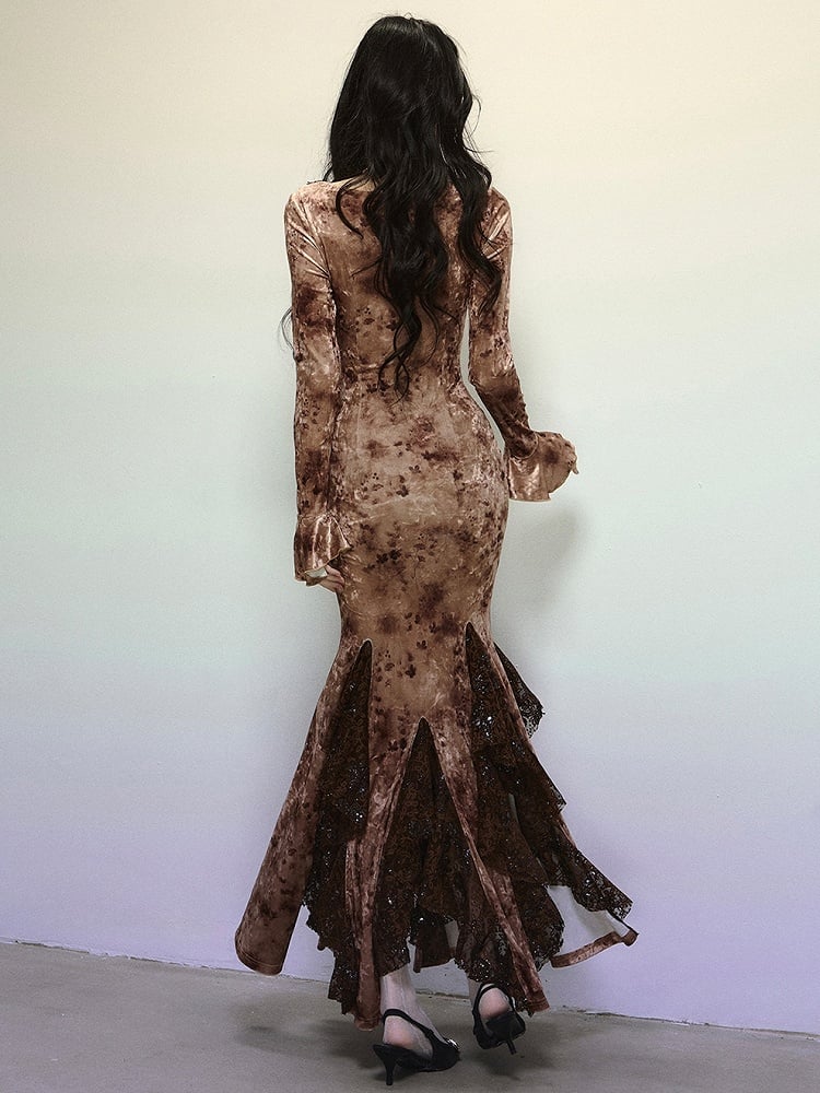 Coffee Sequins V-neck High Waist Lace Patchwork Flounce Mermaid Skirt Velvet Dress Evening Gown