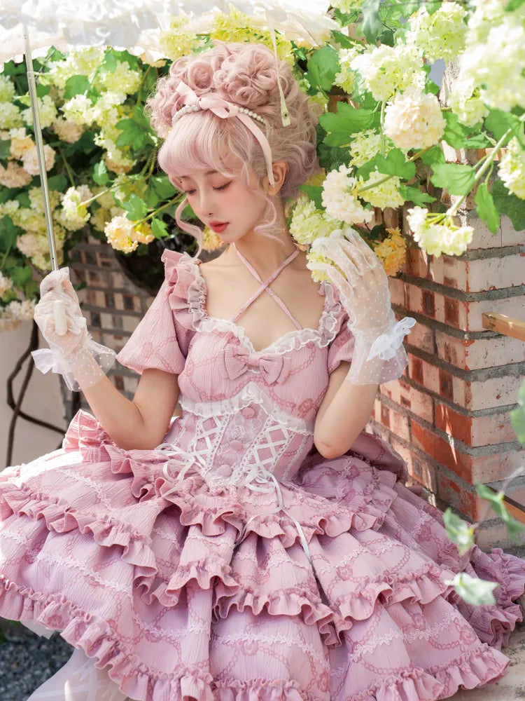 Dress Big Lolita OP Princess Corset Pink Skirt Ruffle Waist with