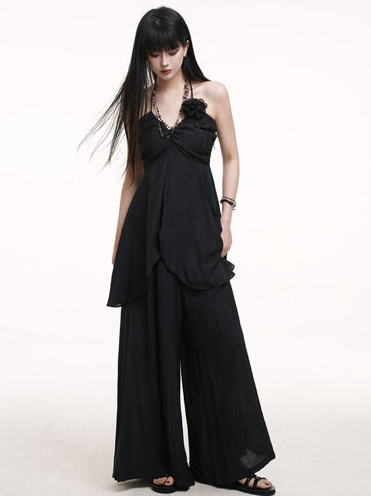 Pants Skirt-Like with Black Gothic Wide-Leg Floor Drape Length