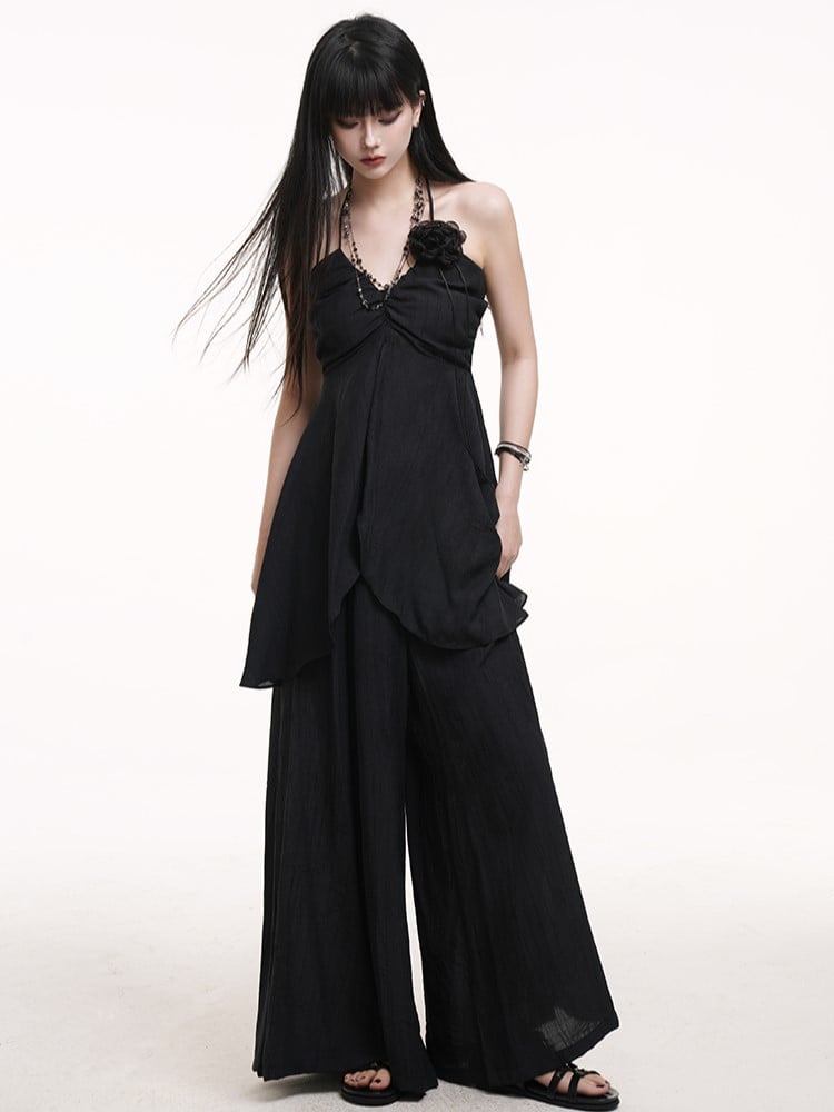 Top Bust Detail Ruched with Slit Cami Center Gothic Black Halter