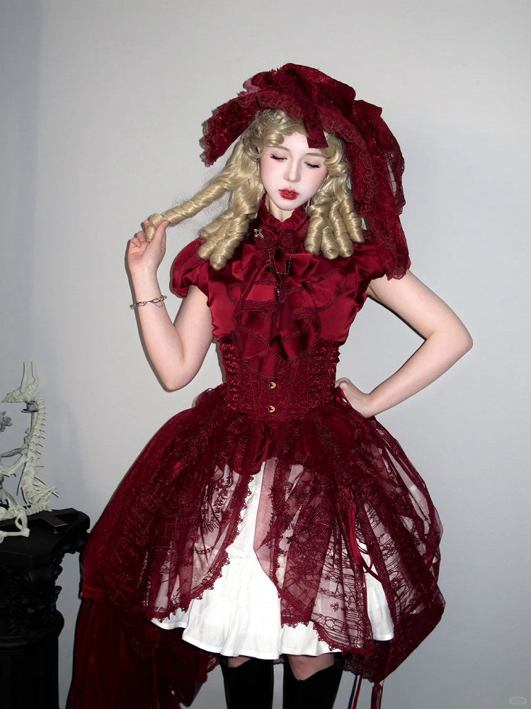 Red Gothic Lolita Corset Belt with Drawstring Design Cathedral Embroidery Overlay