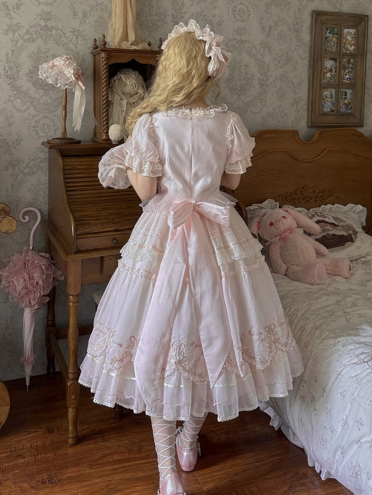 Lolita Sleeves Pink Short Dress Cherry Delicate Princess Blossom Embrodery
