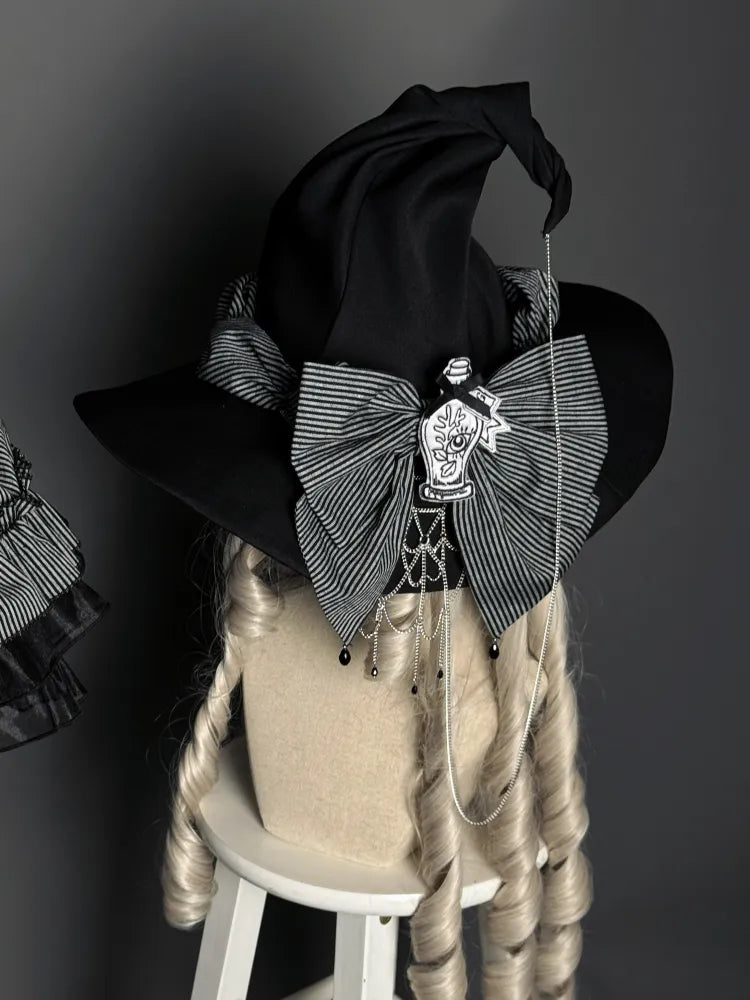 Schwarz/Roter Gothic Lolita Hexenhut mit großer Schleife und Spinnennetzkette