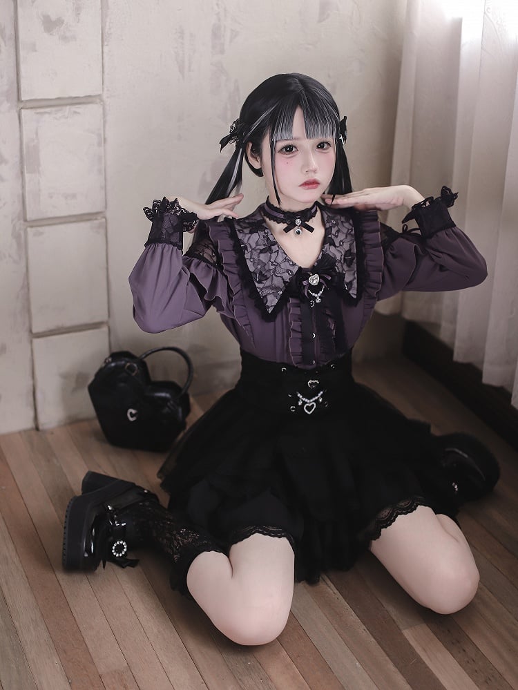 Kei Collar Gothic Black and Style Pointed Blouse: Dark Purple Cutouts with Royal Lace Jirai