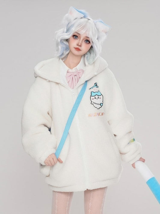 Blue Cartoon Print White Kitty Hooded Ears With Coat Fleece