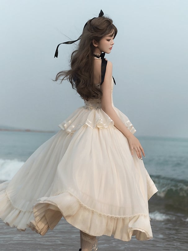 Lolita Halter Creamy Detail Embroidery Classic Delicate Backless Neck Dress
