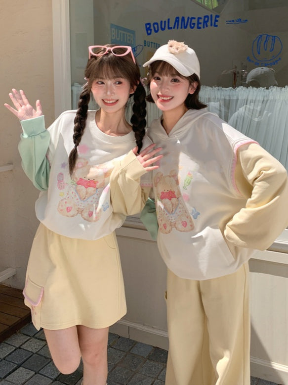 Green Teddy Bear Print Drawstring Sweatshirt Hem Yellow Design Colorblock Autumn and