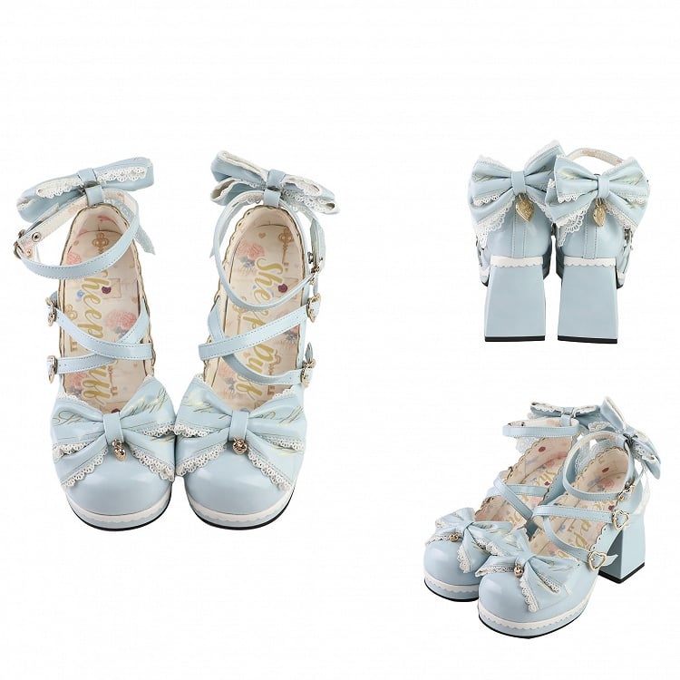 Heels Heart at Block High Buckles Blue Bow Crisscross Design Detachable Top