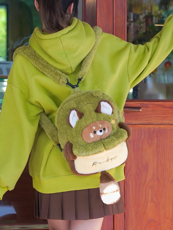 Green And Brown Cute Red Panda Plush Backpack