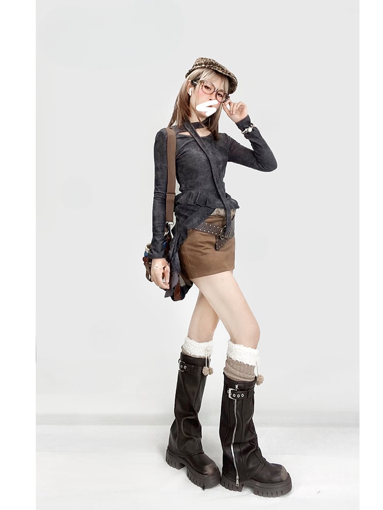 Black Asymmetrical Flounce Hem Top with a Scarf