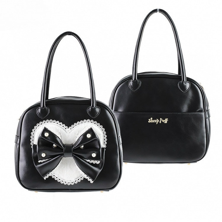Decorated Sweet Black Hand Beaded Bag Plush Lolita Heart Bowknot