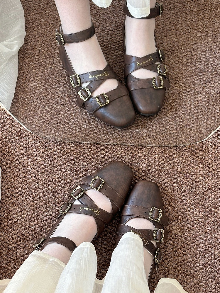 Toe Low Brown mit Design Heels Lolita Crisscross Classic Schuhe Square