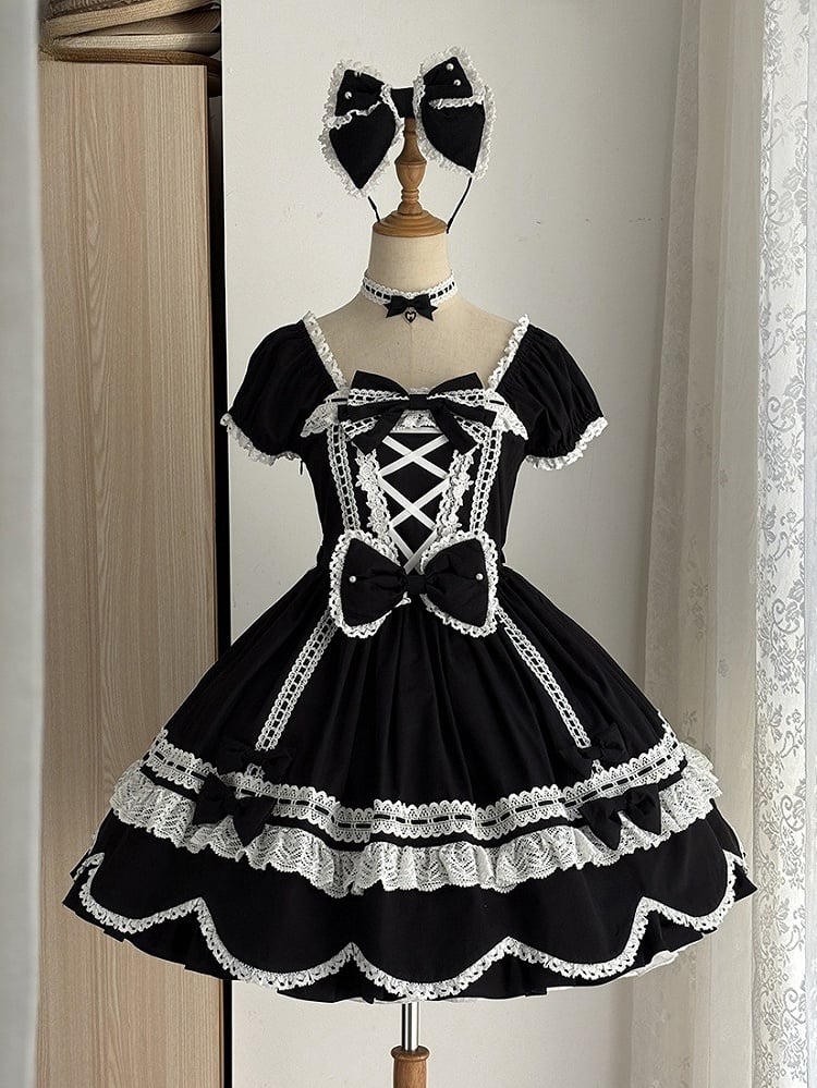 Lolita Sleeves Black Old Short Neckline School Piece Puff Square One and Dress Cotton