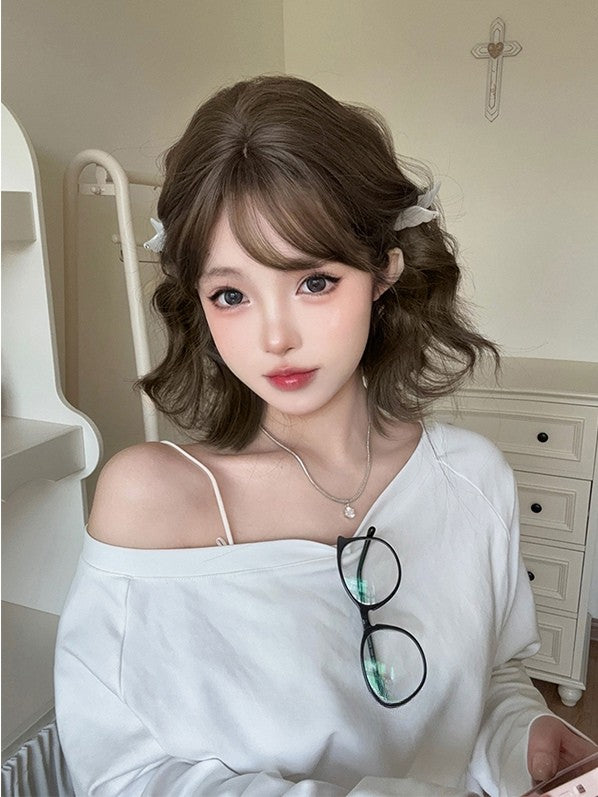 Wig Wavy 35CM With Brown Length Air Bangs