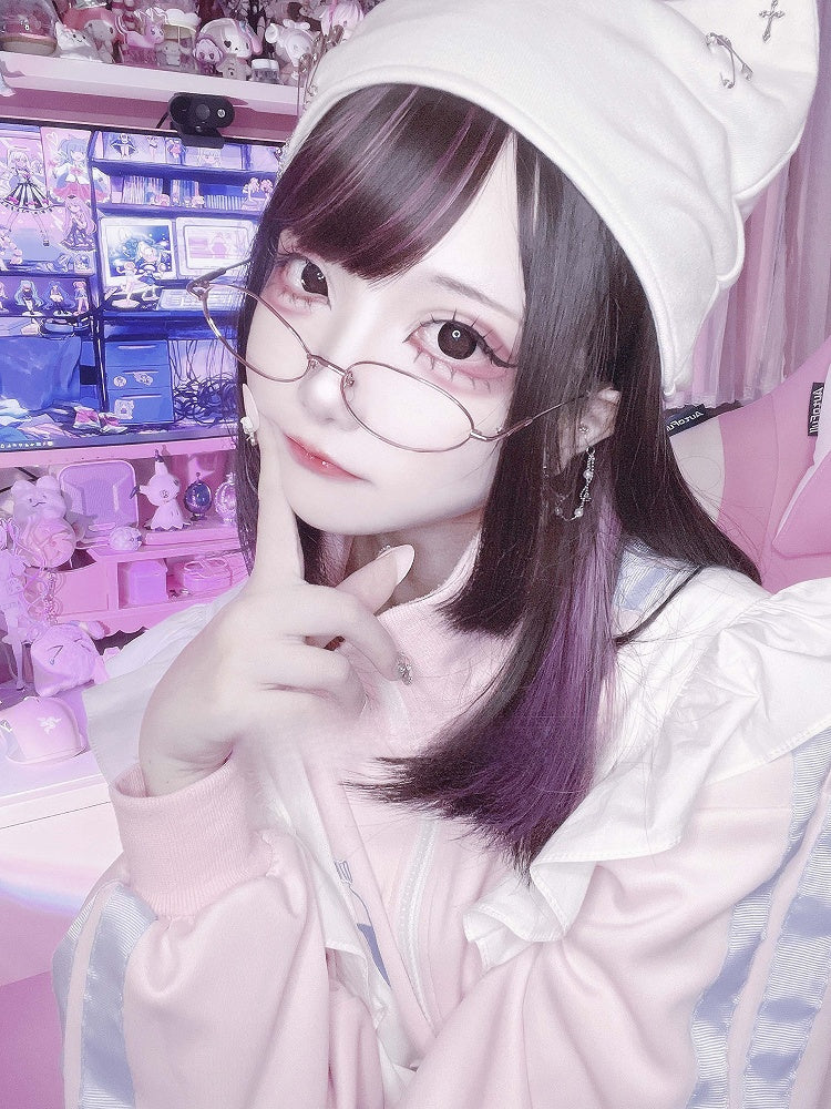 With Length Purple 56CM Wig Bangs And Black Straight Air Highlight