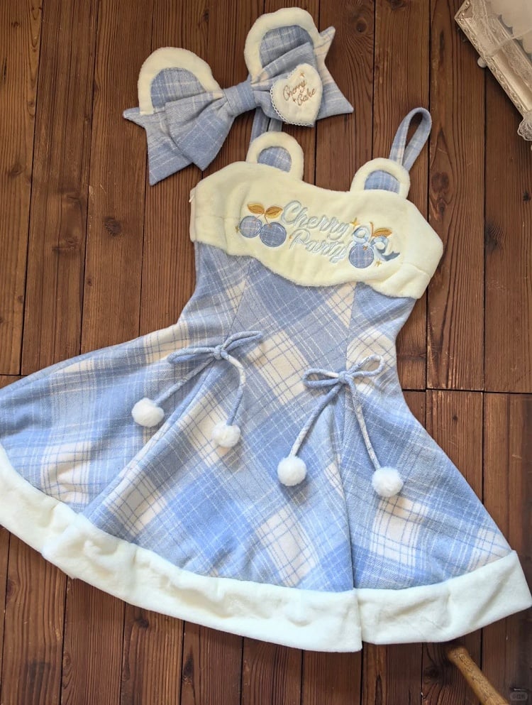 for Sweet Plaid Dress Lolita Autumn and Pom-Poms Embroidered Winter Cherry Blue with