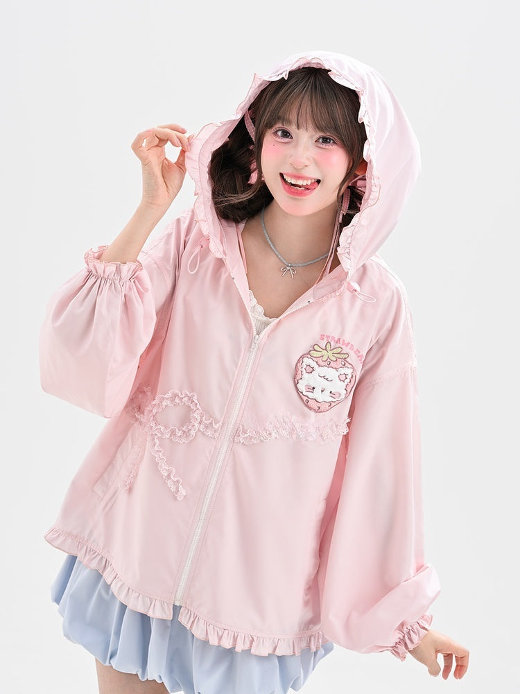 Spitze Yume Kawaii Rosa Erdbeere Applique Jacke Bowknot Sonnenschutz Mit Kapuze