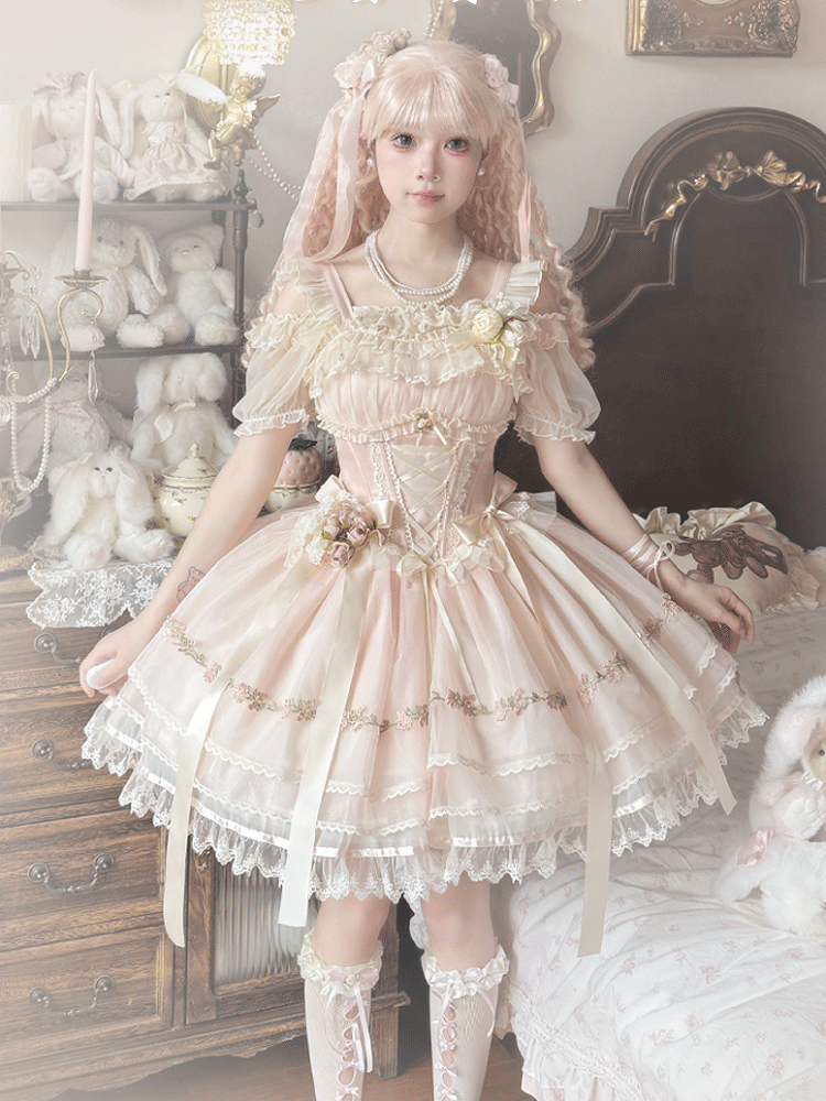 Boned Waist Balletcore Pink Ribbon Decoration Flutter Sweet Bowknots Sleeves JSK Lolita Dress