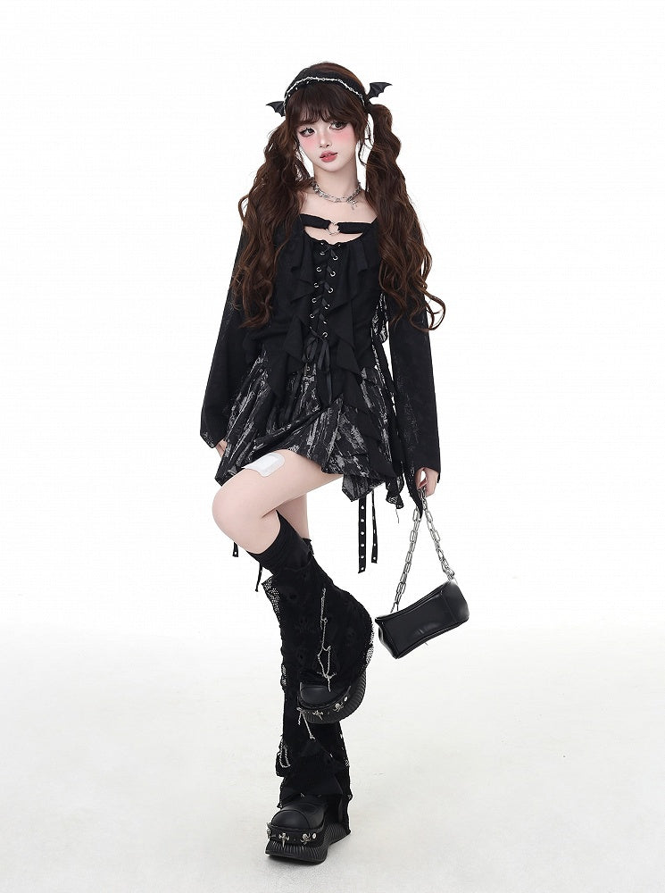 Asymmetrical Ruffled Placket Hem Chiffon Top Pink Lace-up Black/Light