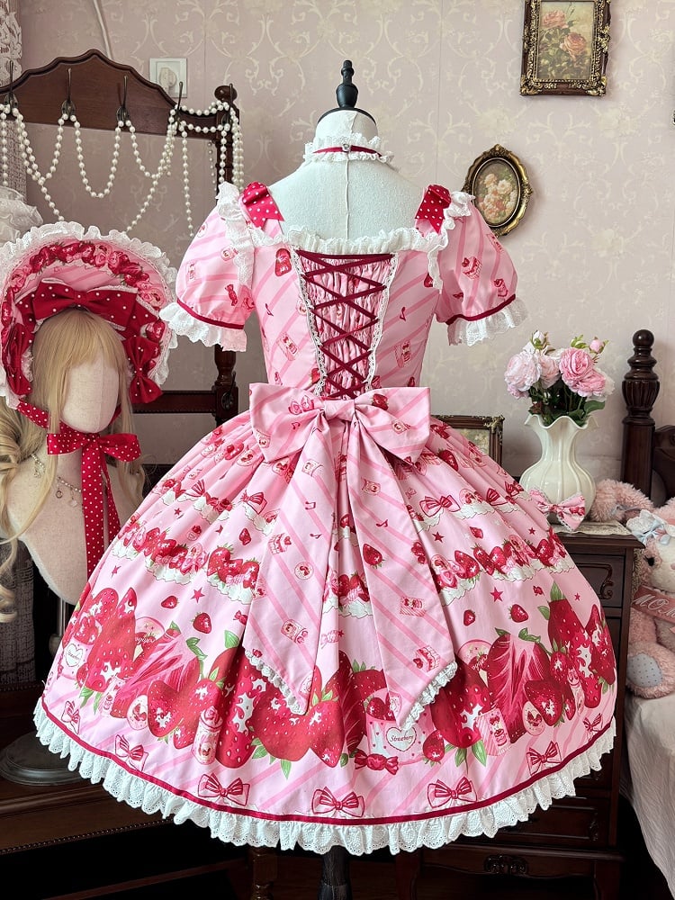 Set Strawberry Dress Sweet Lolita Short Sleeves Full Print Pink