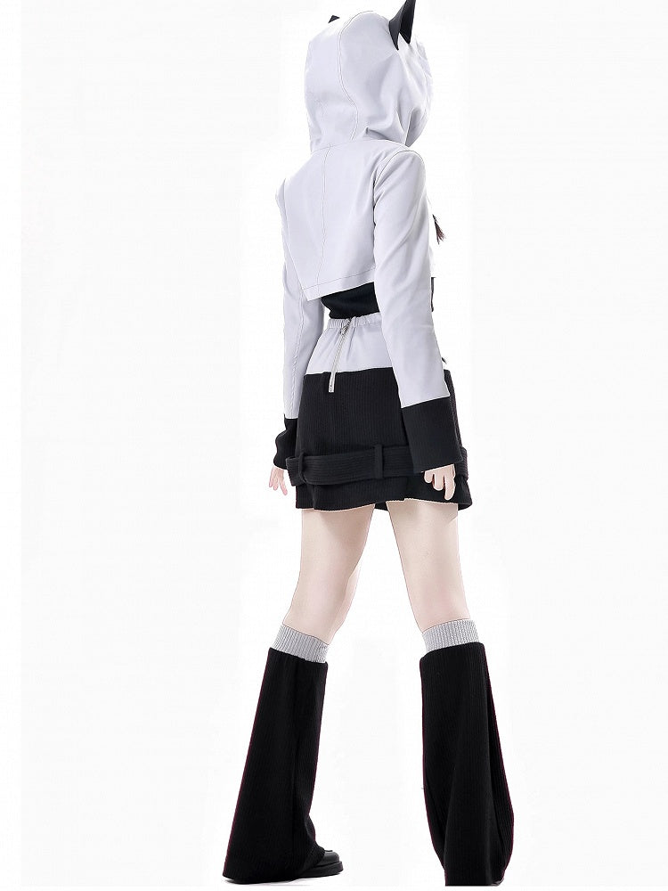Wolf Ears Gray Zip Hood Closure Design Cropped Jacket