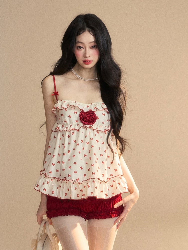 Floral Trim Apricot Ruffled Cami Red Bowknots Print Embellished Top