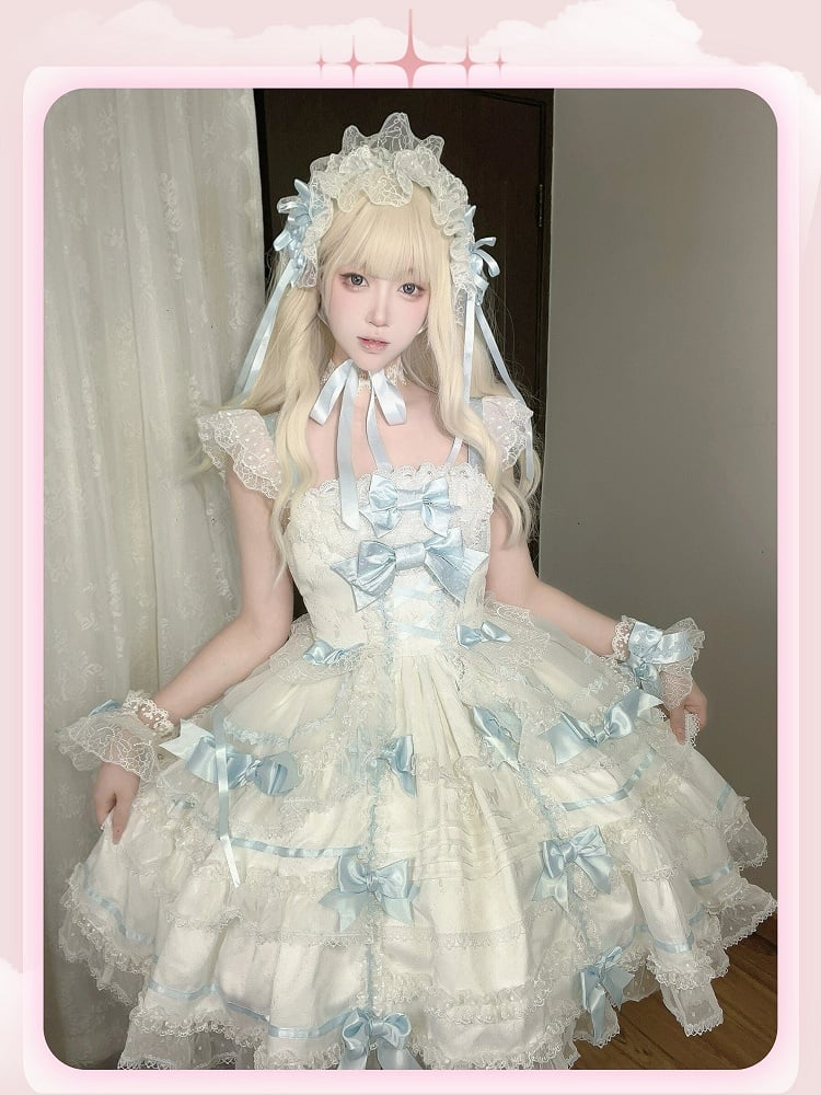 Sweet Princess Blue Bow Skirt and White Jumper Accents Lolita