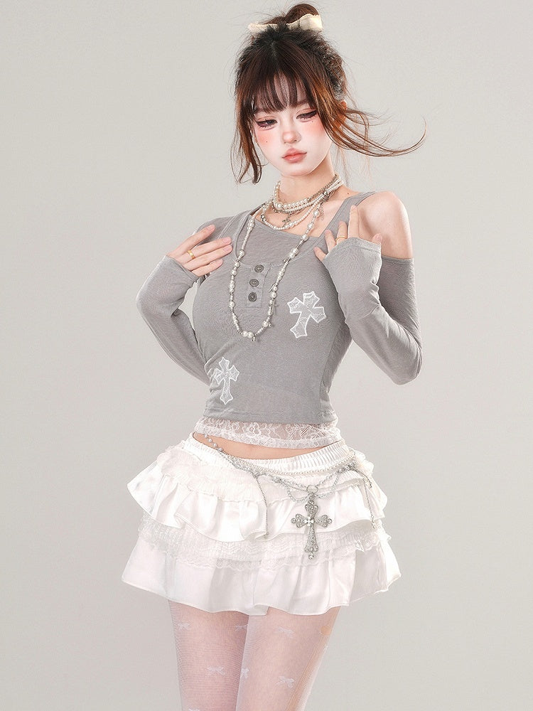 Graues Top mit asymmetrischem Ausschnitt und Spitzen-Kreuz-Applikationen, Tanktop-Set