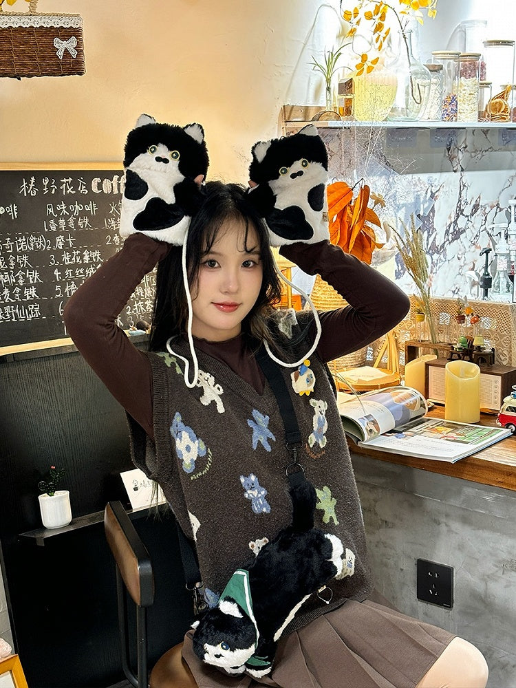黒と白のかわいい猫の形をしたぬいぐるみ手袋