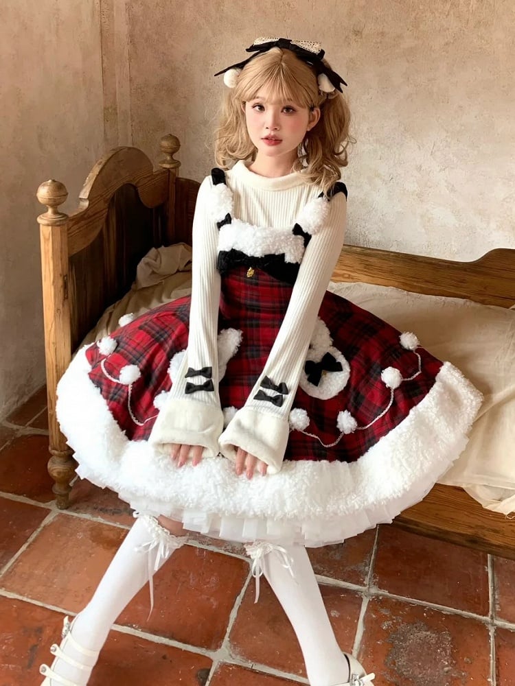 Rotes Karomuster, Winterhasen-Thema, Weihnachts-Lolita-Kleid, Plüsch-Ausschnitt und Saum