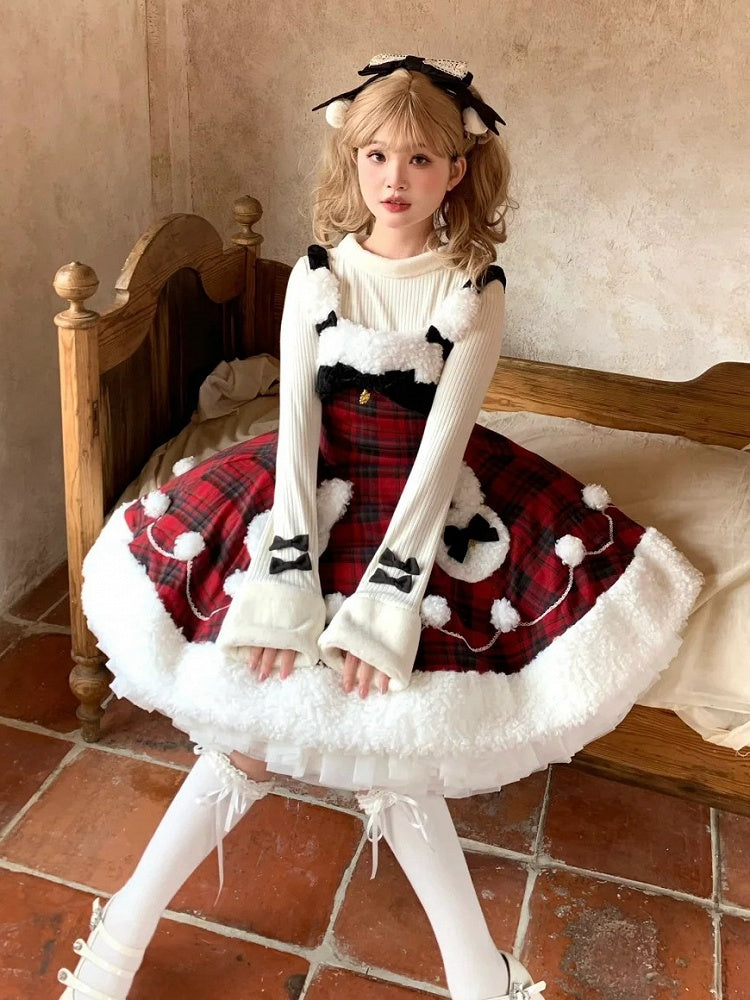 Lolita Neckline Hemline Bunny Clearance-Size Bust Plaid Theme Red Plush and Pattern Dress Christmas Winter for L 92-102CM