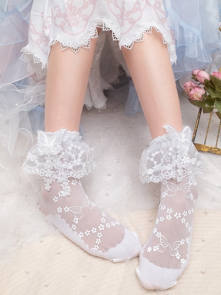 Lace Trim Butterfly Sweet Print White Single-layer Socks Ankle