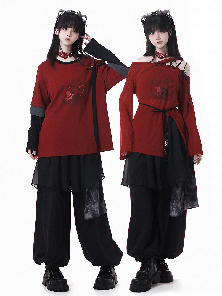 Graphic Top with Detachable Sleeves Style Black Cheongsam Red and