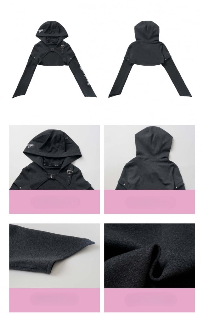 ダークグレーのウルフイヤーフード付きクロップドトップ