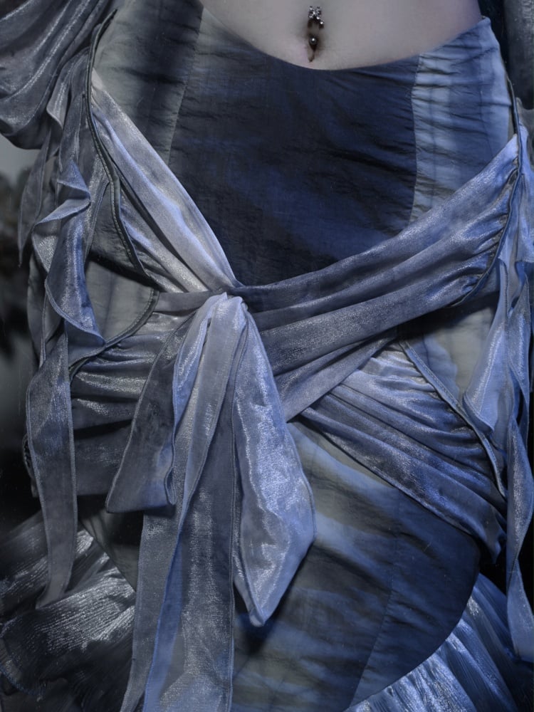 Jupe sirène gothique Corpse Bride bleu poussiéreux à volants et genoux