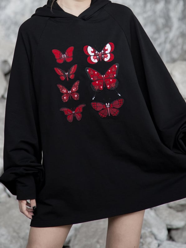 Flock Butterfly Dark Stickerei mit Loose Delicate Romance Gothic Red Hoodie Schwarz