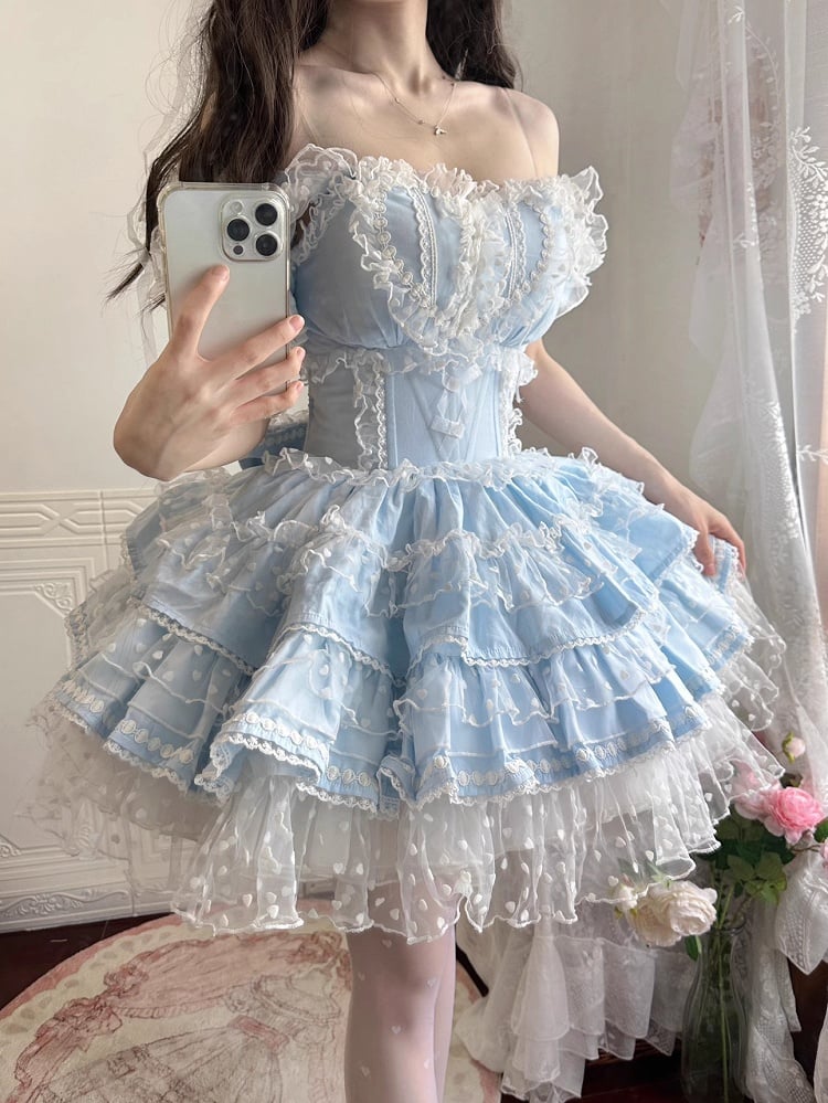 Polka-dot Hime Lolita Hanayome Lolita Dress Pattern Heart Blue JSK Ruffled Heart Front
