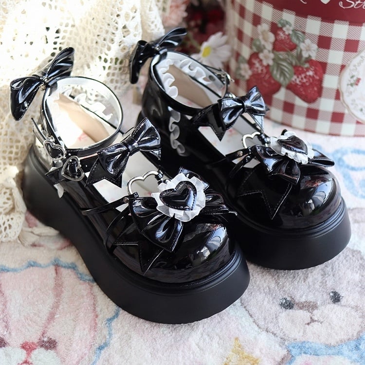 Black with PU Platformss Heart Lolita Sweet in Leather Embellishments
