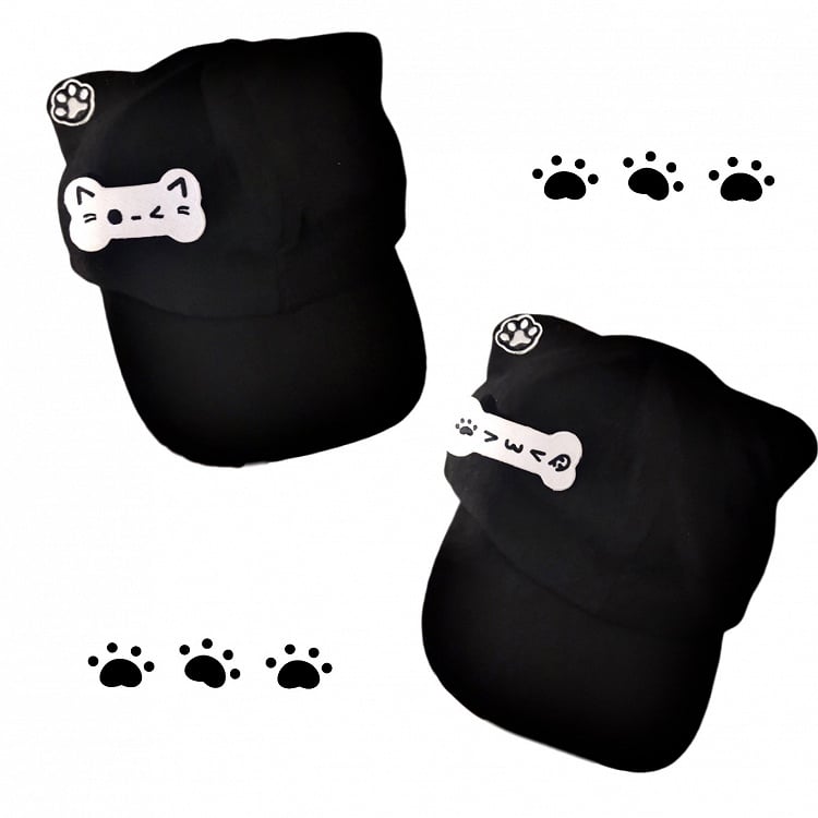 Schwarze Katzenohrmütze mit abnehmbarer Knochenbrosche