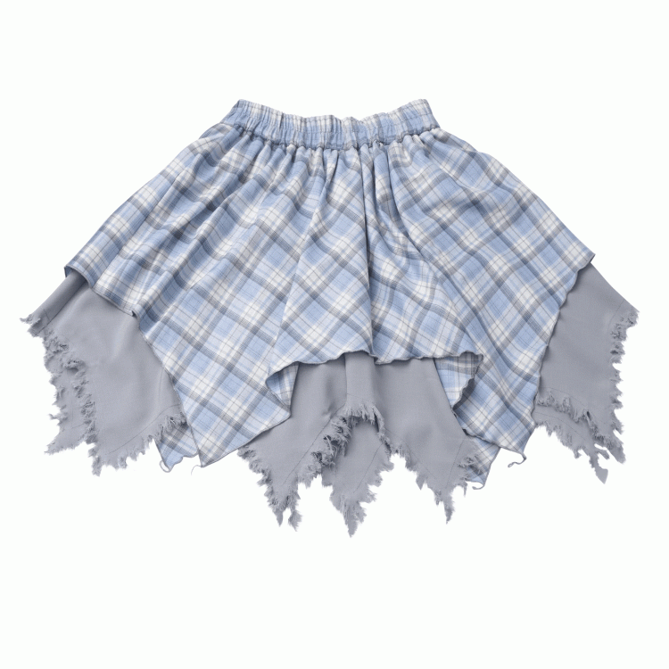 Plaid Skirt White /Black Frayed Handkerchief Hem Blue