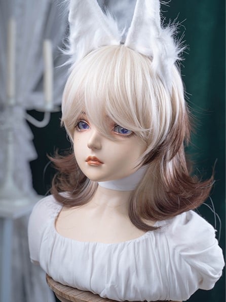 Ombre Brown 43CM Short Wig With Color Length Hair Ouji Bangs Air White And