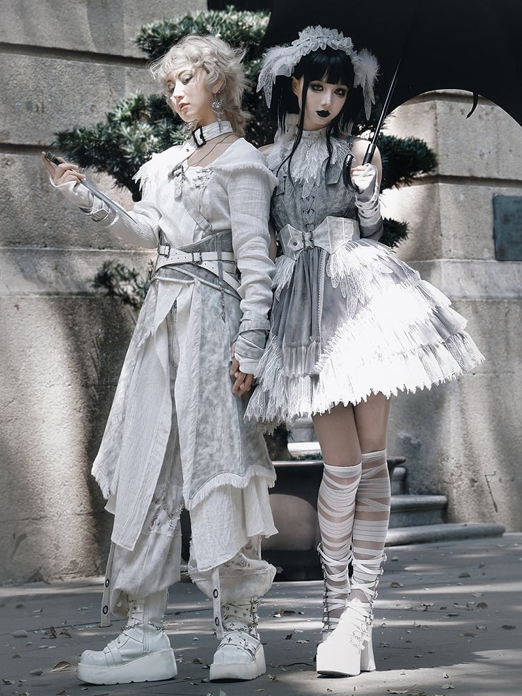 Dress Skirt Panel Buckle Gray Feather Shoulder Lolita Lace Gothic Straps