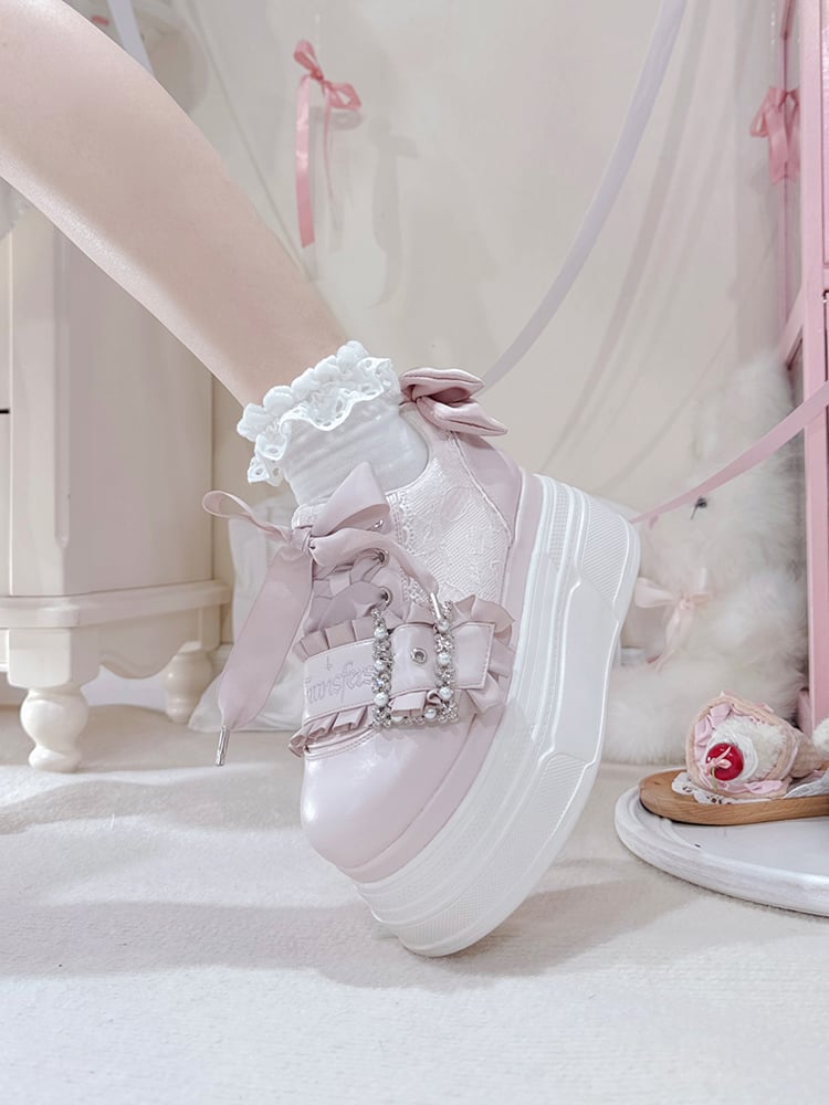 Platforms Kei Design Bow Pink Jirai Beaded Buckle Shoes Accents